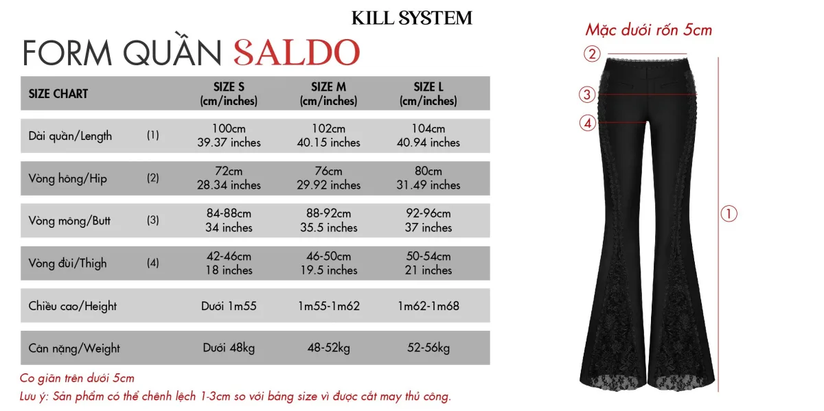 Quần ống loe dài cạp trễ phối ren tôn dáng SALDO - 𝐊𝐈𝐋𝐋 𝐒𝐘𝐒𝐓𝐄𝐌