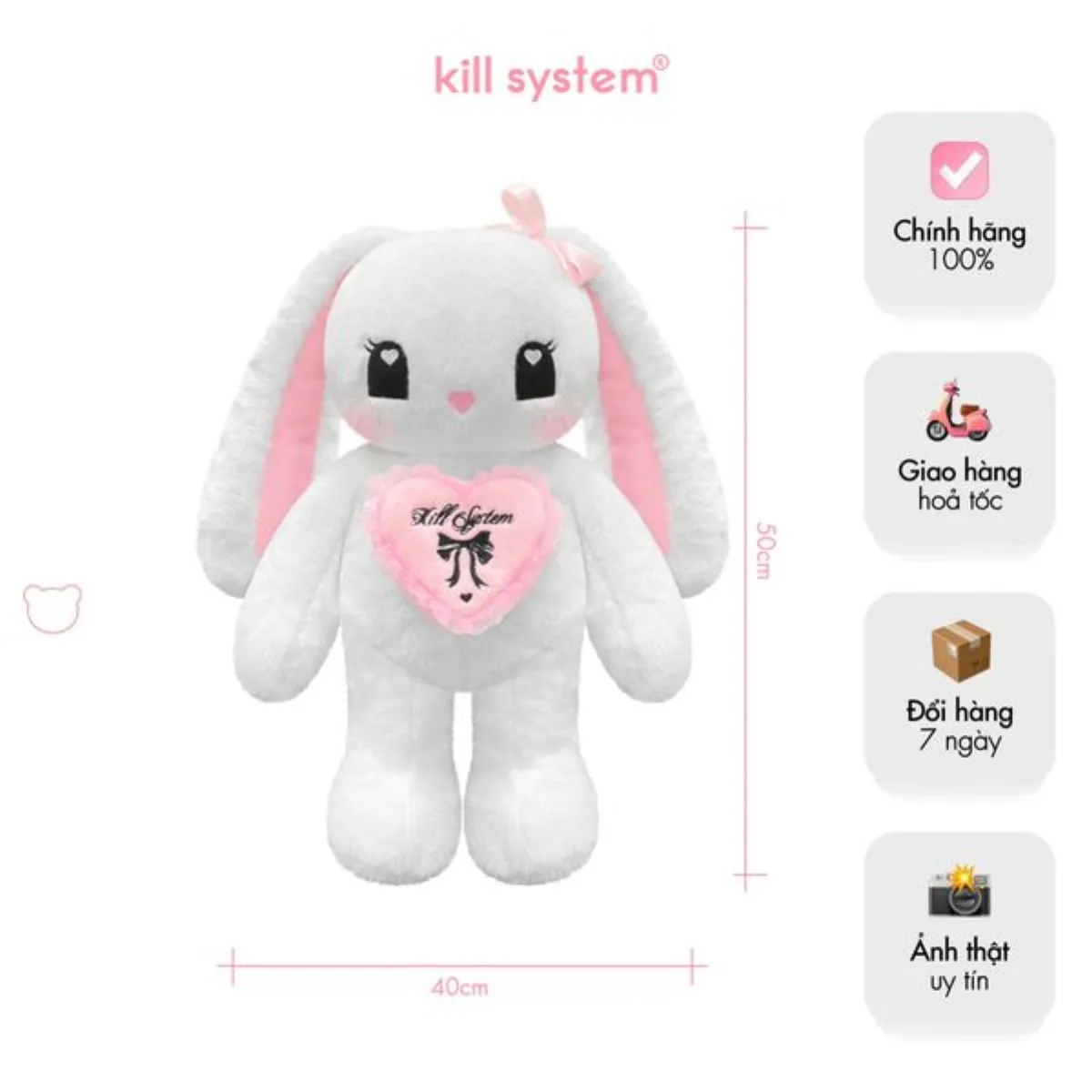 Balo gấu bông Jennie Babe hình thỏ trắng trái tim dây quai đeo Kill System