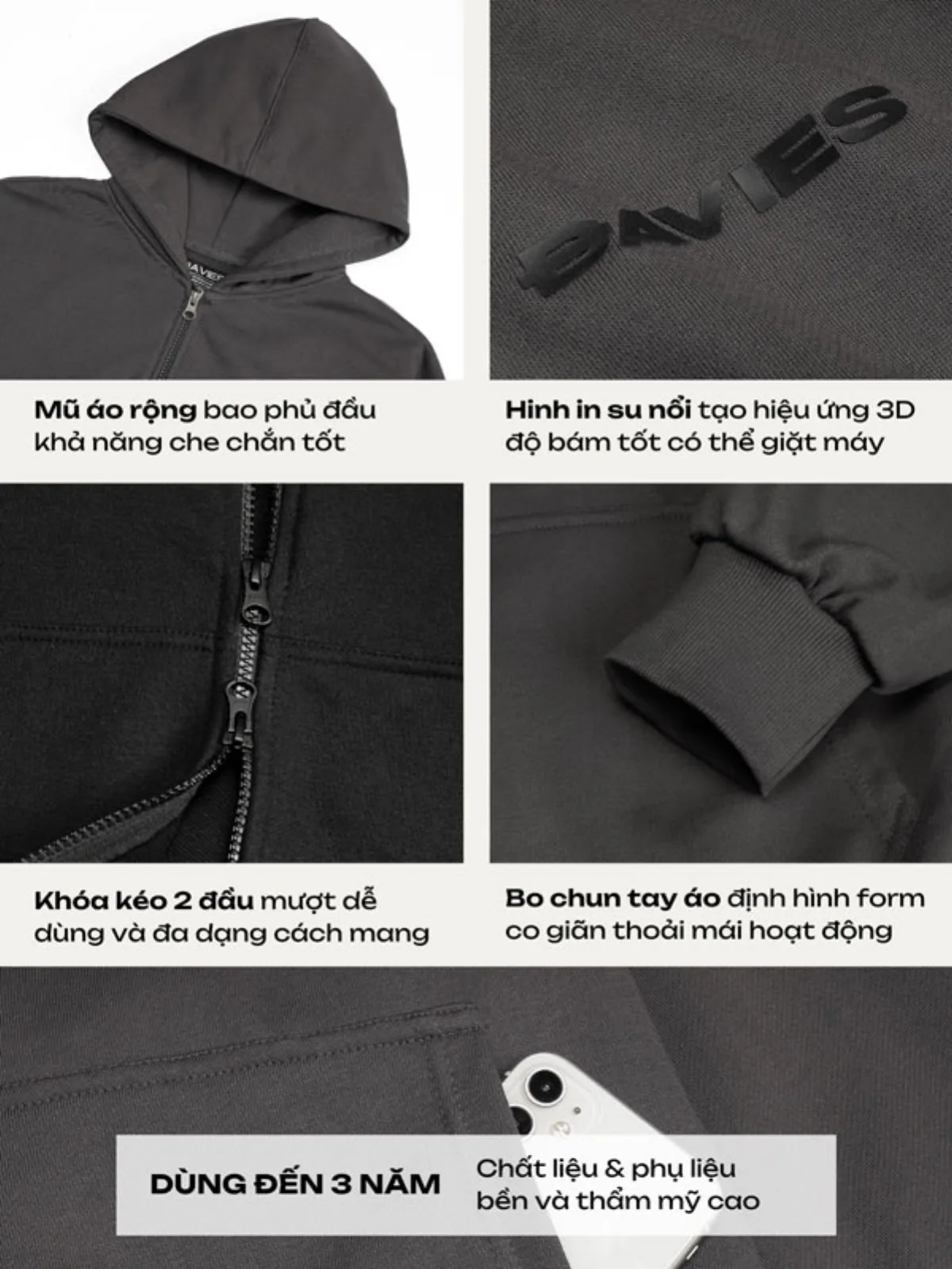Áo khoác hoodie zip DAVIES nam nữ có nón màu đen, xám Boxy Daviesism jacket I D33-AK6