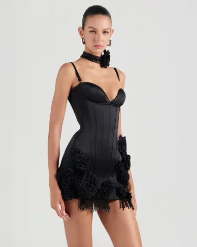 Rosaio Hand-embroidered Flower Mini Dress