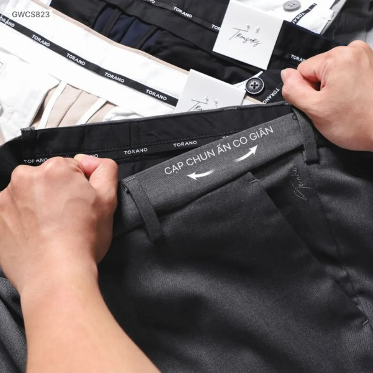 Quần âu nam SMART TROUSERS TORANO slimfit trơn cạp chun túi chéo thêu logo GABT892