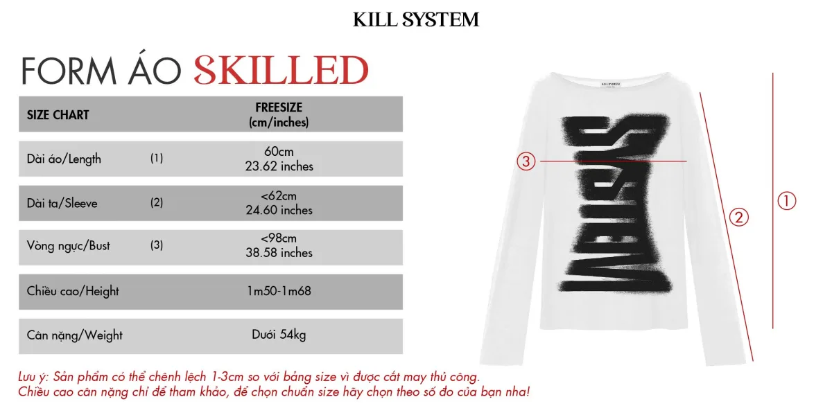 Áo thun tay dài xuyên thấu in hình chữ SKILLED - 𝐊𝐈𝐋𝐋 𝐒𝐘𝐒𝐓𝐄𝐌