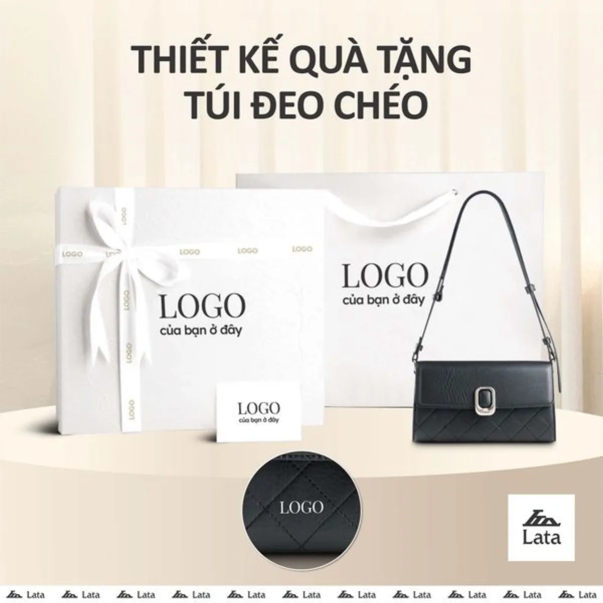 Bộ hộp quà trắng LATA (Túi đeo chéo nữ LATA HN155 + Hộp quà HQ2T + Túi giấy TG2T + Túi rút BVR3838 + Thiệp cảm ơn BT1)