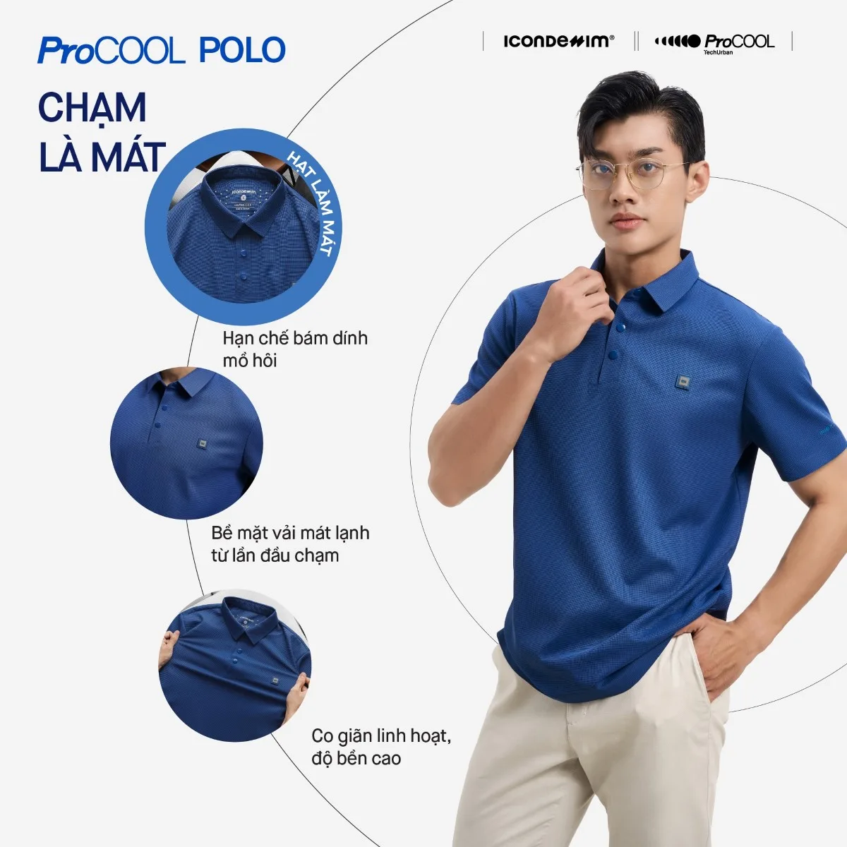 Áo polo nam PROCOOL ICONDENIM form slim-fit, công nghệ hạt làm mát thoáng khí, co giãn 4 chiều, vải mịn ít nhăn PLID0153