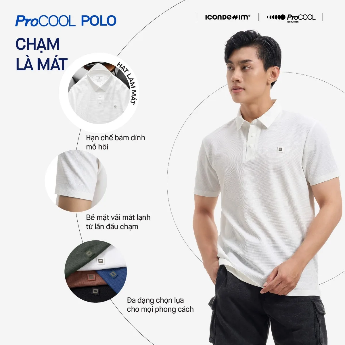 Áo polo nam PROCOOL ICONDENIM form slim-fit, công nghệ hạt làm mát thoáng khí, co giãn 4 chiều, vải mịn ít nhăn PLID0153