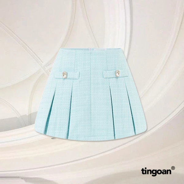 TINGOAN® - Chân váy cạp thường xếp ly tweed xanh đính cúc đá BABY DIAMOND SKIRT/BLUE