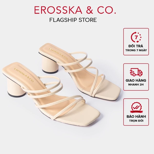 Dép cao gót Erosska mũi vuông phối dây quai mảnh cao 6cm màu kem _ EM038