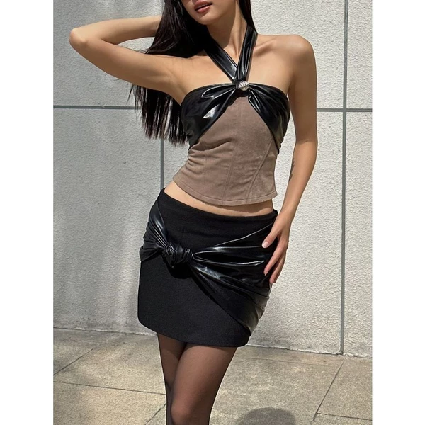 COCO SIN - Áo Nhung Nâu Phối Da