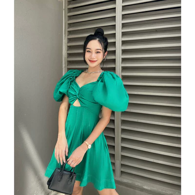 COCO SIN - Đầm Xanh Tay Phồng Cut Out