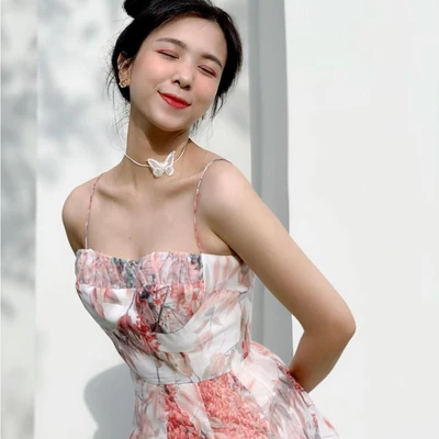 COCO SIN - Đầm 2 Dây Voan Hoa Đỏ