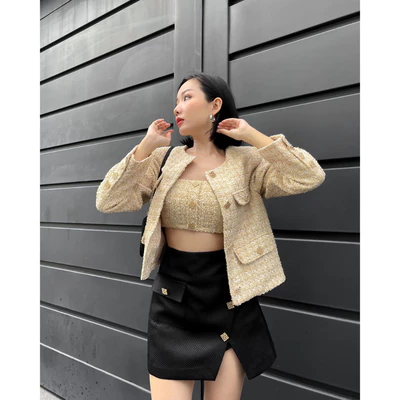 COCO SIN - Croptop Tweed Gold Đính Nút