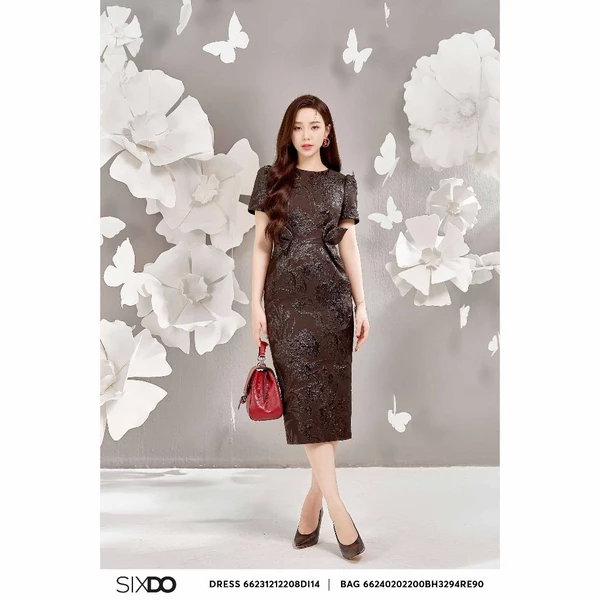 Đầm gấm đen ngắn tay SIXDO (Spakle Black 3D Butterfly Brocade Midi Dress)