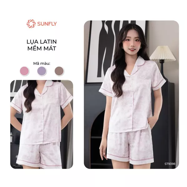 Bộ mặc nhà pijama nữ SUNFLY lụa latin mềm mại áo cộc quần sooc ST9398