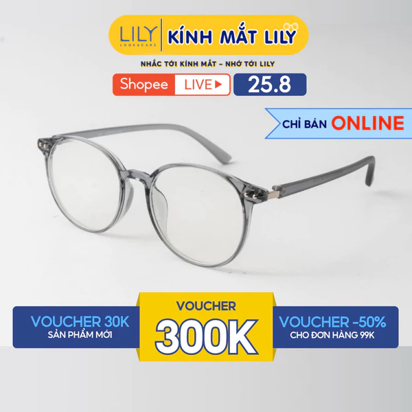 Gọng kính mắt tròn nam nữ LILYEYEWEAR chất liệu nhựa cao cấp chắc chắn kiểu dáng hiện đại màu sắc thời trang 1308KOR