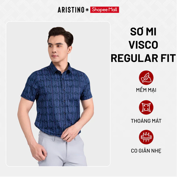 Áo Sơ Mi Nam tay ngắn Aristino Regular bamboo Visco tre mềm mại Fit tà lượn màu xanh navy ASS095AS4