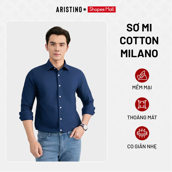 Áo Sơ Mi Nam Cotton Oxford Aristino Milano tay dài thoáng khí, thấm hút mồ hôi giữ phom ALSU610S1S