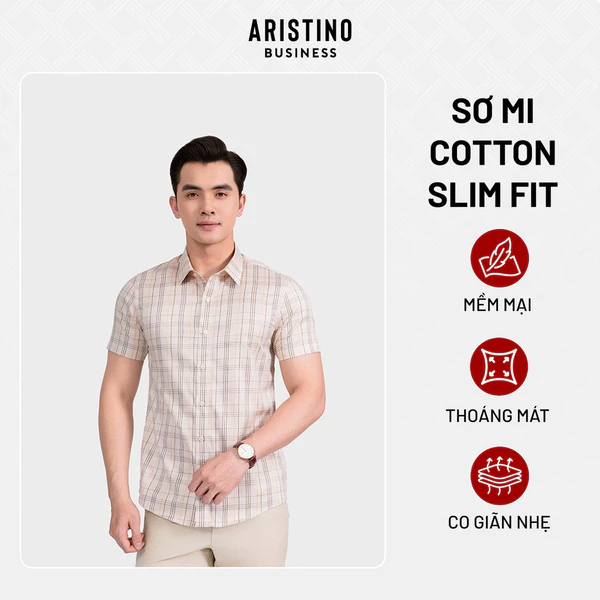 Áo Sơ Mi Nam tay ngắn Be Kẻ Aristino Business Slim fit 100% Cotton thoáng khí 1SS060AS3