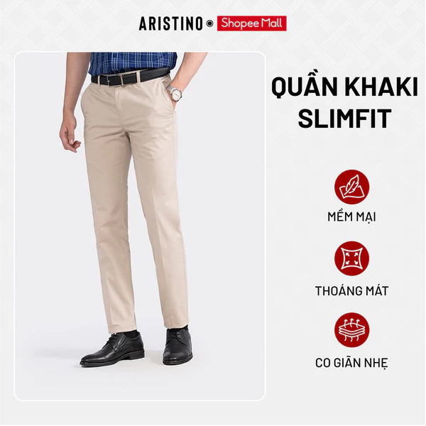 ARISTINO Quần Kaki Nam Cotton Slim Fit AKKR05 Mềm Mịn Thoáng Khí Thấm Hút Mồ Hôi Co Giãn Thoải Mái