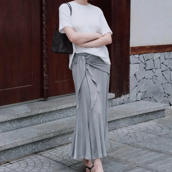 Nosbyn - Chân Váy Thun Midi Cột Nơ - Jersey Sash Skirt