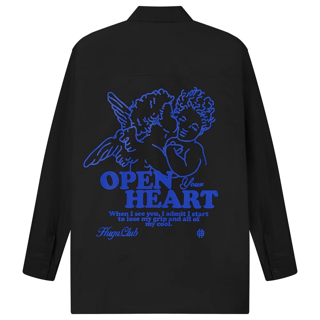 Áo sơ mi tay dài in hình thiên thần HUGU - OPEN YOUR HEART - Chất vải ford kate cao cấp thoáng mát - unisex