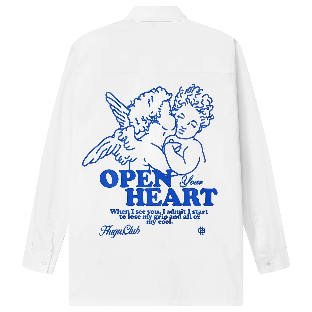 Áo sơ mi tay dài in hình thiên thần HUGU - OPEN YOUR HEART - Chất vải ford kate cao cấp thoáng mát - unisex