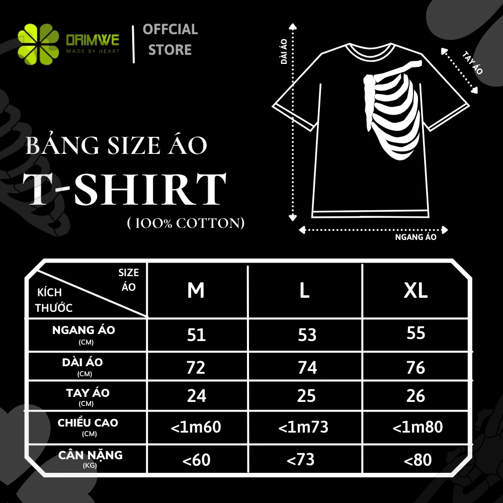 Áo Thun Chính Hãng DRIMWE 1/2bone Craft unisex Form Rộng