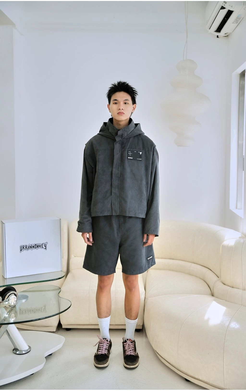 Áo Khoác URBAN MONKEY Suede Crop Jacket Grey Da Lộn Lót Dù Form Crop Nam Nữ Phối Màu Xám Local Brand