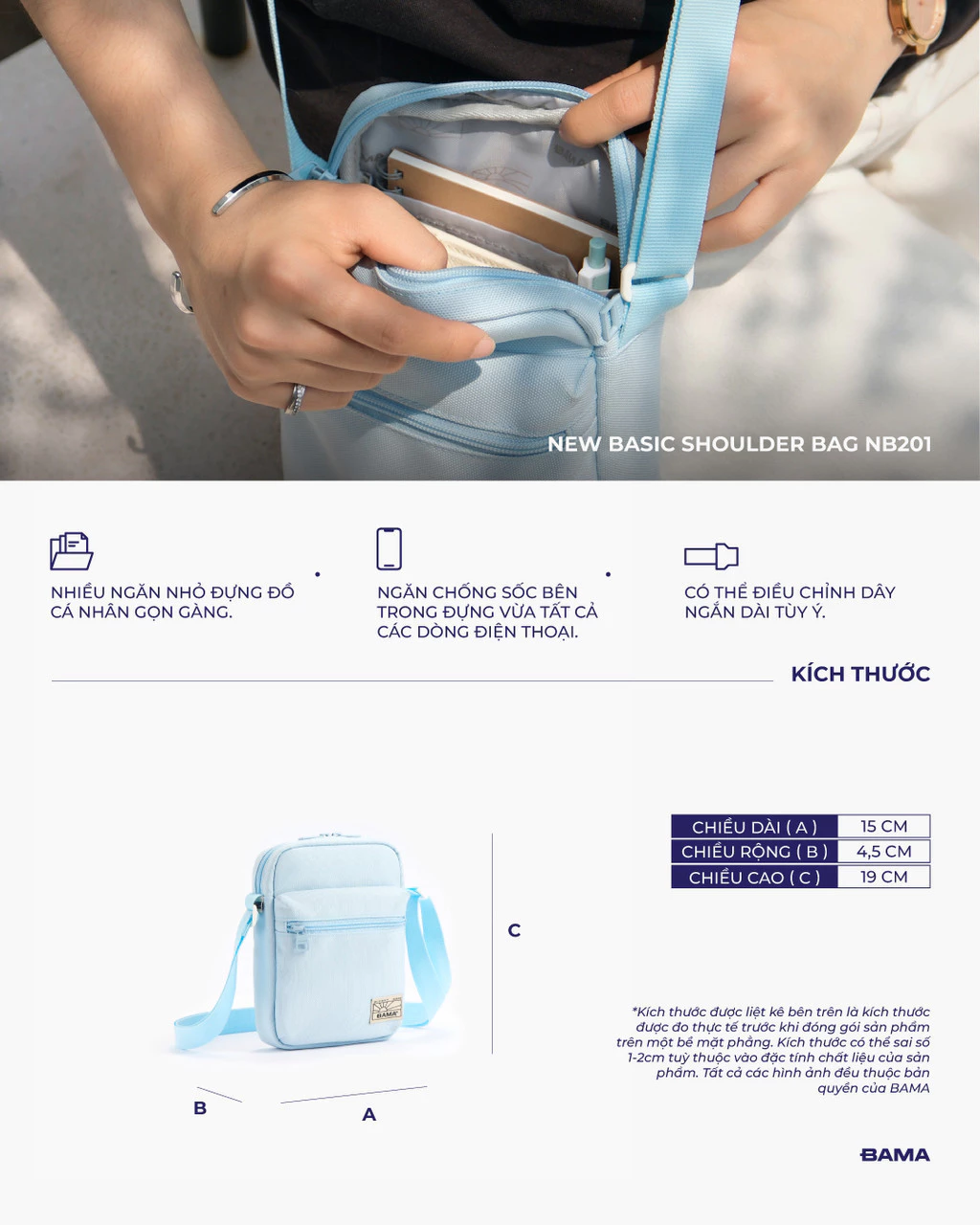Túi đeo chéo mini nam nữ BAMA New Basic Shoulder Bag NB201 chống nước nhiều ngăn vải canvas đi chơi đi cafe