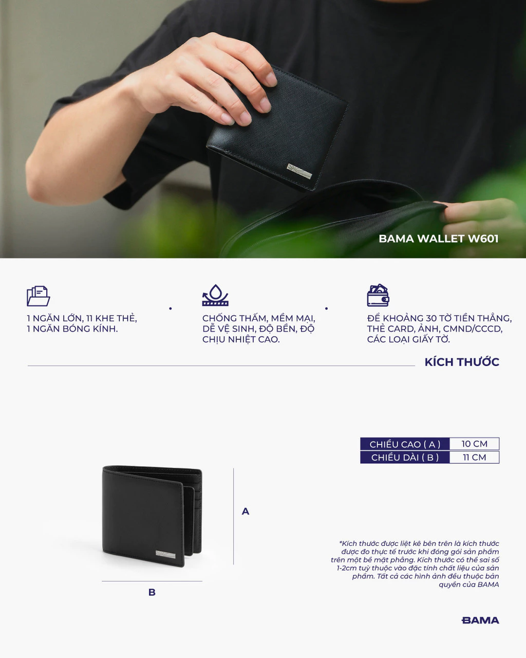 Ví nam nữ da bò BAMA Wallet W601 nhiều ngăn dáng ngang siêu mỏng gọn nhẹ chất liệu da saffiano chống xước