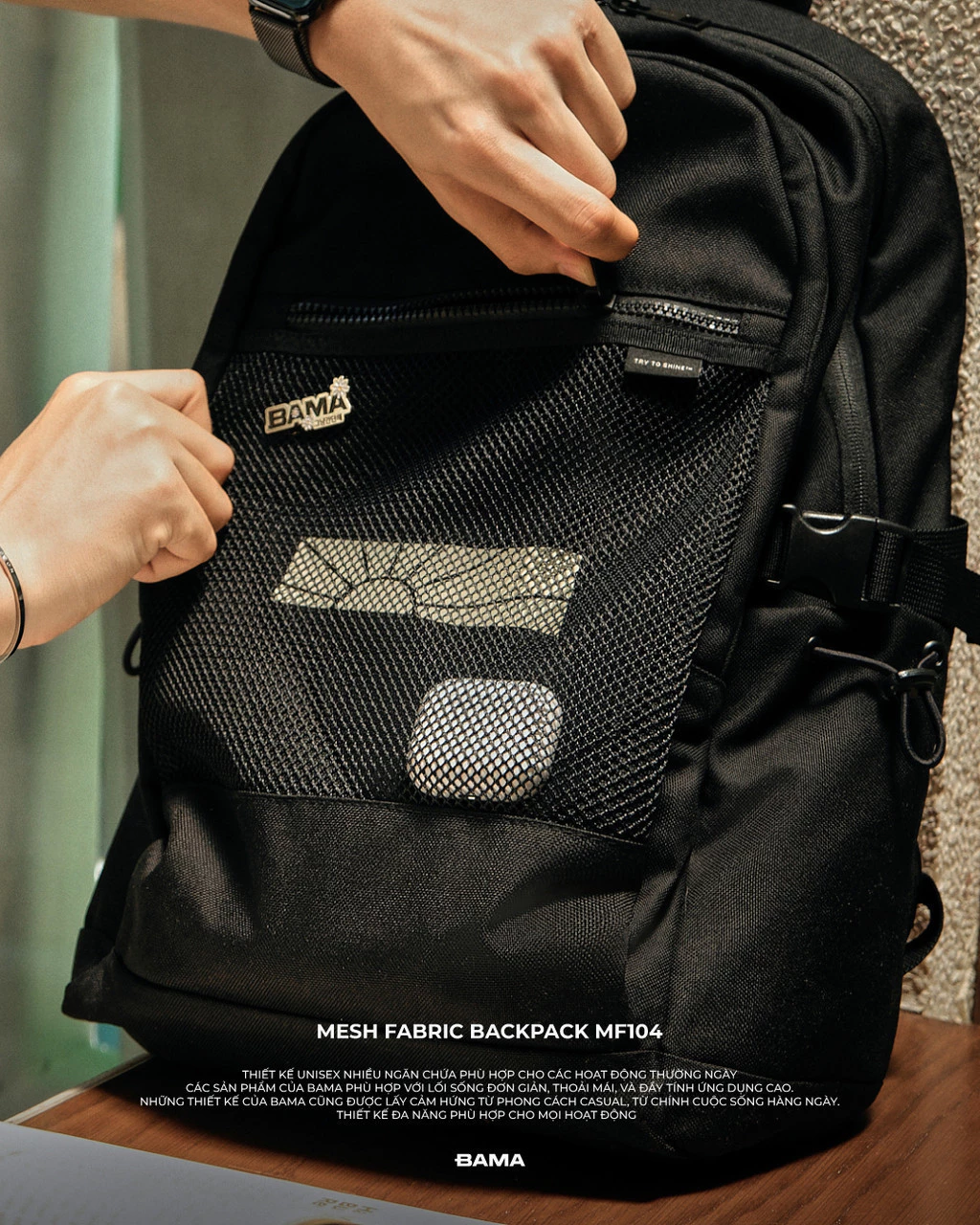 Balo nam nữ đi học đi làm BAMA Mesh Fabric Backpack MF104 chống nước nhiều ngăn đựng laptop 15 inch