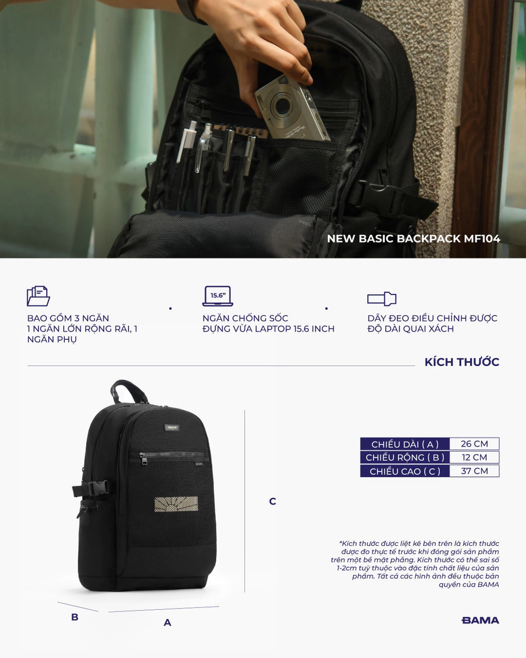 Balo nam nữ đi học đi làm BAMA Mesh Fabric Backpack MF104 chống nước nhiều ngăn đựng laptop 15 inch