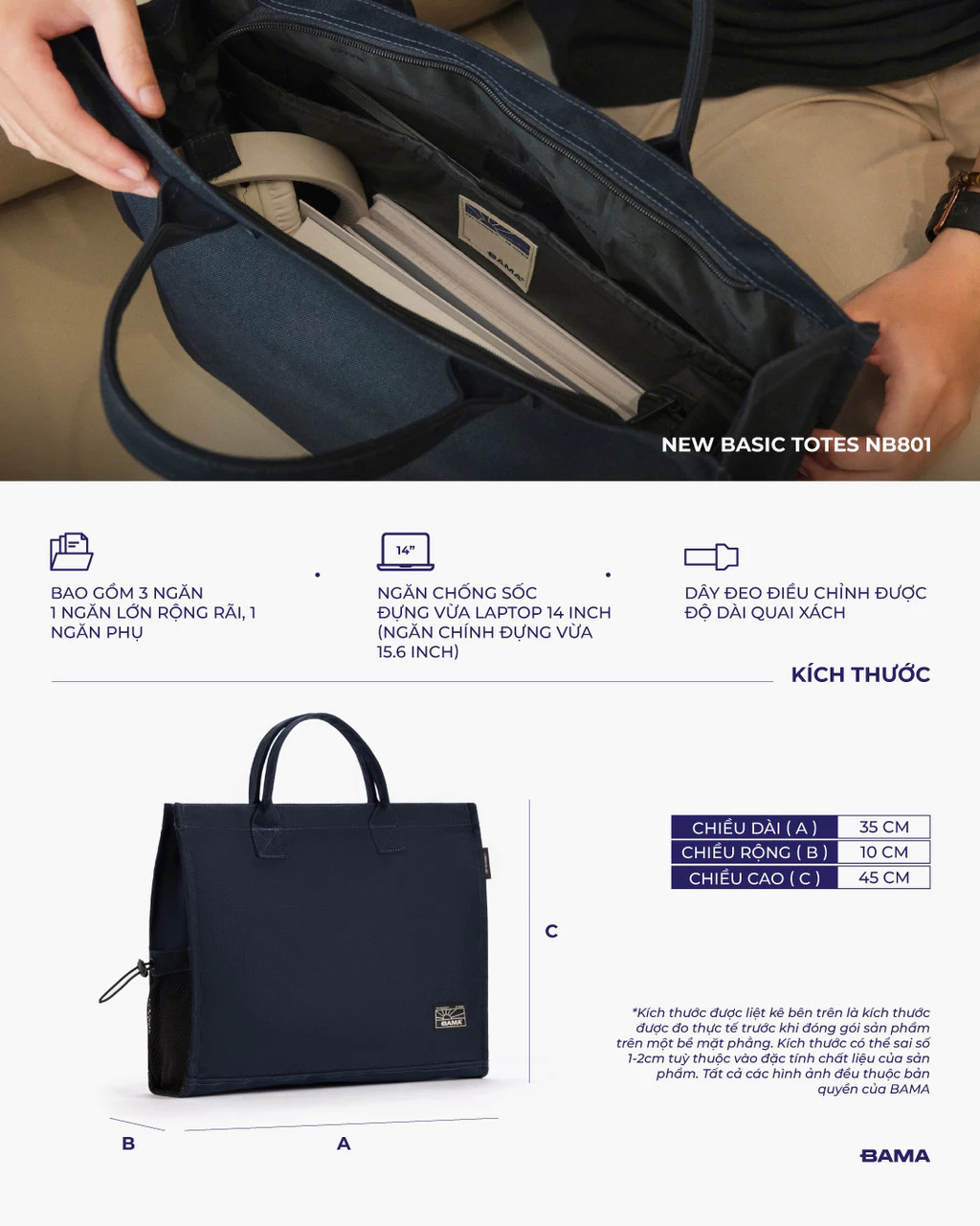 Túi tote đeo vai nam nữ đi làm đi chơi BAMA New Basic Totes NB801 chống nước nhiều ngăn vải canvas