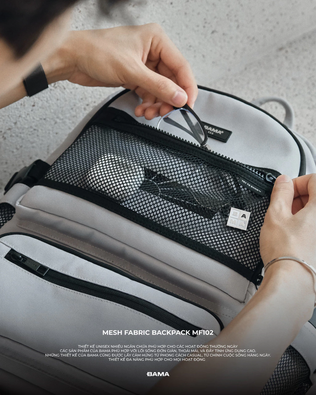 Balo nam nữ đi học đi làm BAMA Mesh Fabric Backpack MF102 chống nước nhiều ngăn laptop 15.6 inch