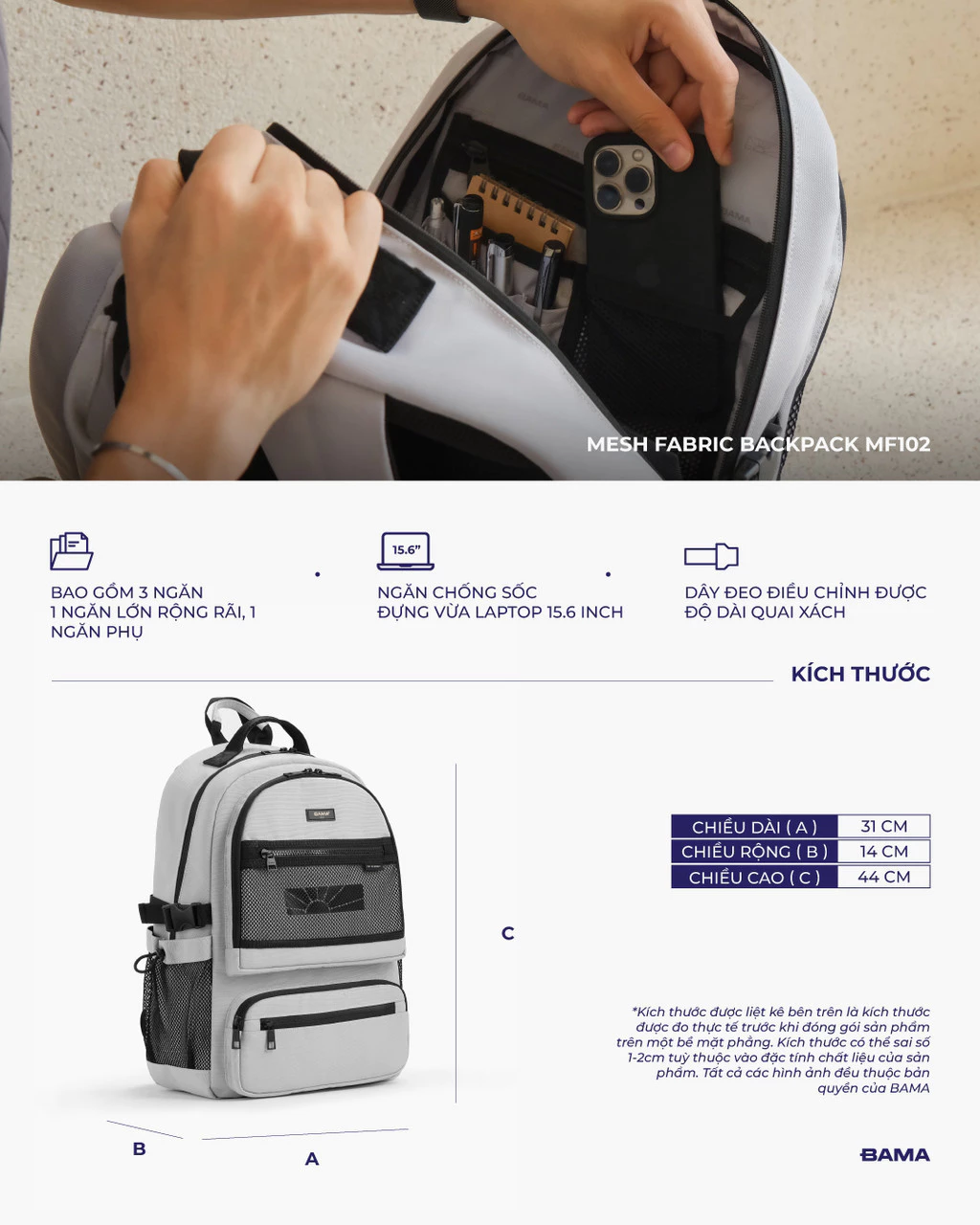 Balo nam nữ đi học đi làm BAMA Mesh Fabric Backpack MF102 chống nước nhiều ngăn laptop 15.6 inch