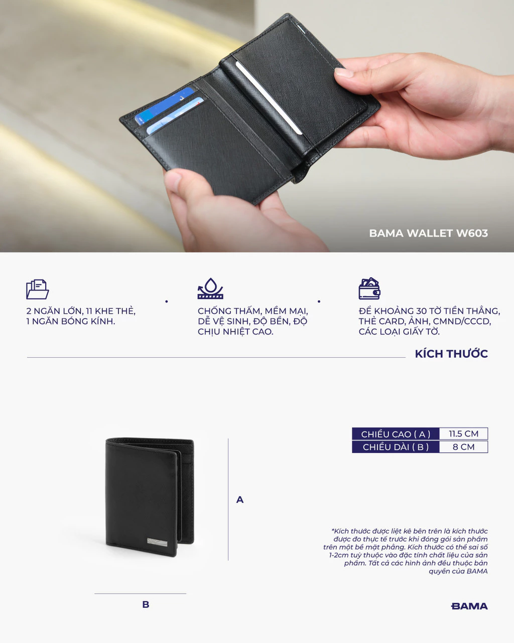 Ví nam nữ da bò BAMA Wallet W603 nhiều ngăn dáng ngang siêu mỏng gọn nhẹ chất liệu da saffiano chống xước