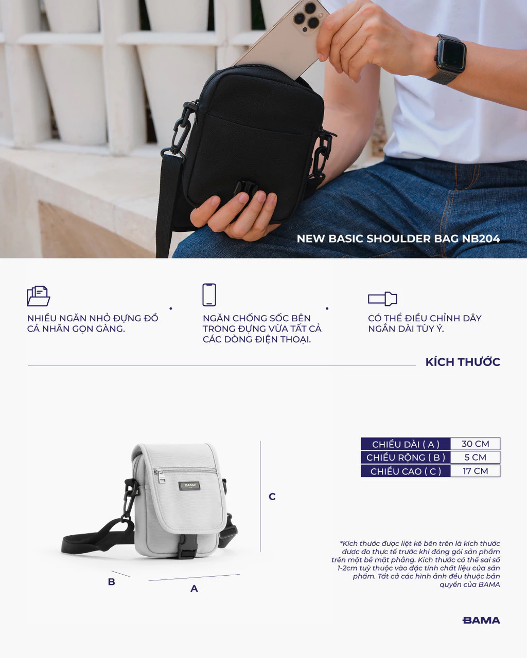 Túi đeo chéo mini nam nữ BAMA New Basic Shoulder Bag NB204 chống nước nhiều ngăn vải canvas đi chơi cafe