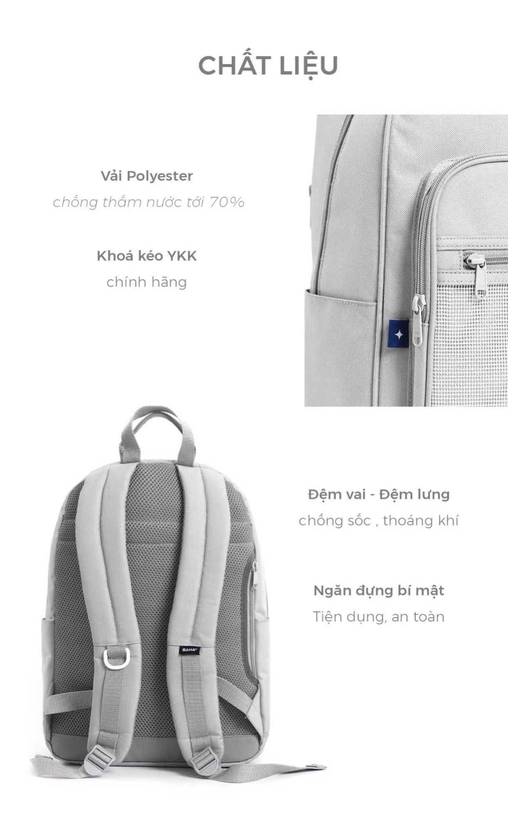 Balo nam nữ đi học đi làm BAMA Seoul Backpack chống nước nhiều ngăn đựng laptop 13 14 15.6 inch