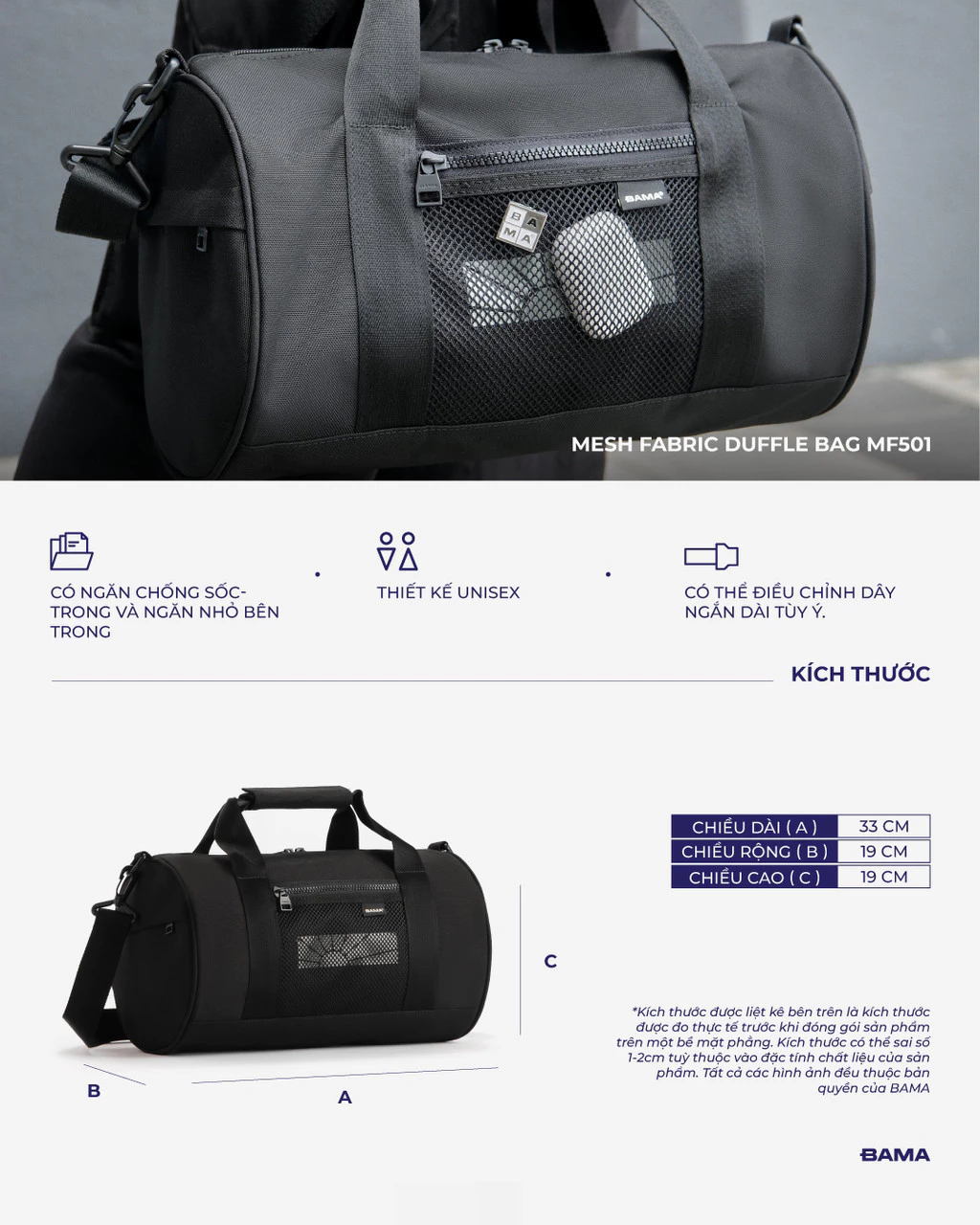 Túi trống BAMA Mesh Fabric Duffle Bag MF501 phối lưới chống nước có nhiều ngăn túi tập gym thể thao túi du lịch