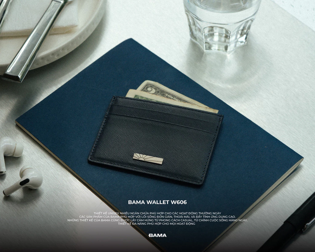 Ví nam nữ da bò BAMA Wallet W606 nhiều ngăn dáng ngang siêu mỏng gọn nhẹ chất liệu da saffiano chống xước