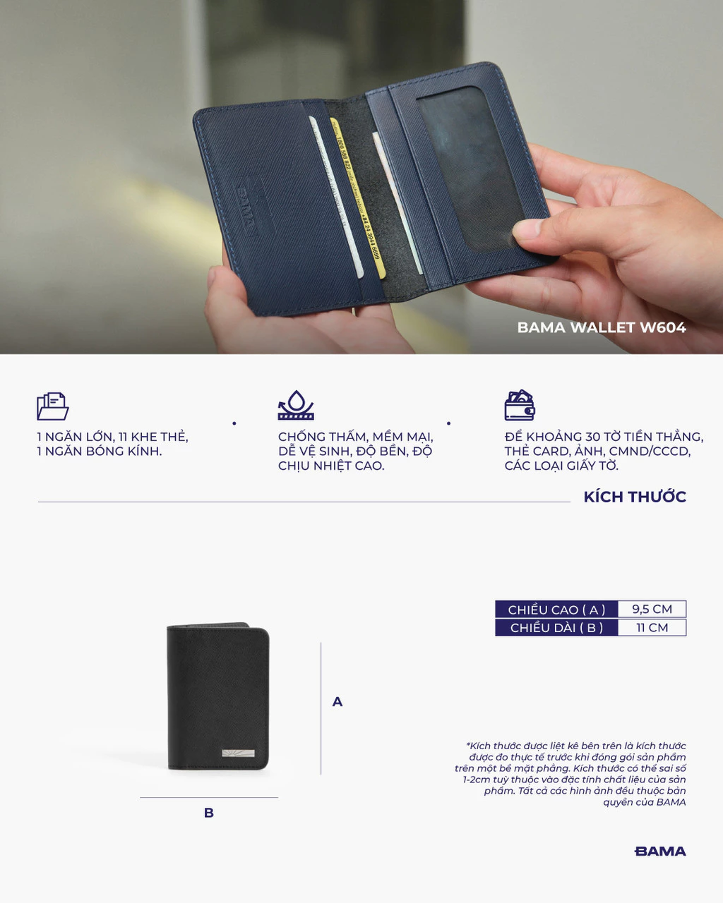 Ví nam nữ da bò BAMA Wallet W604 nhiều ngăn dáng ngang siêu mỏng gọn nhẹ chất liệu da saffiano chống xước
