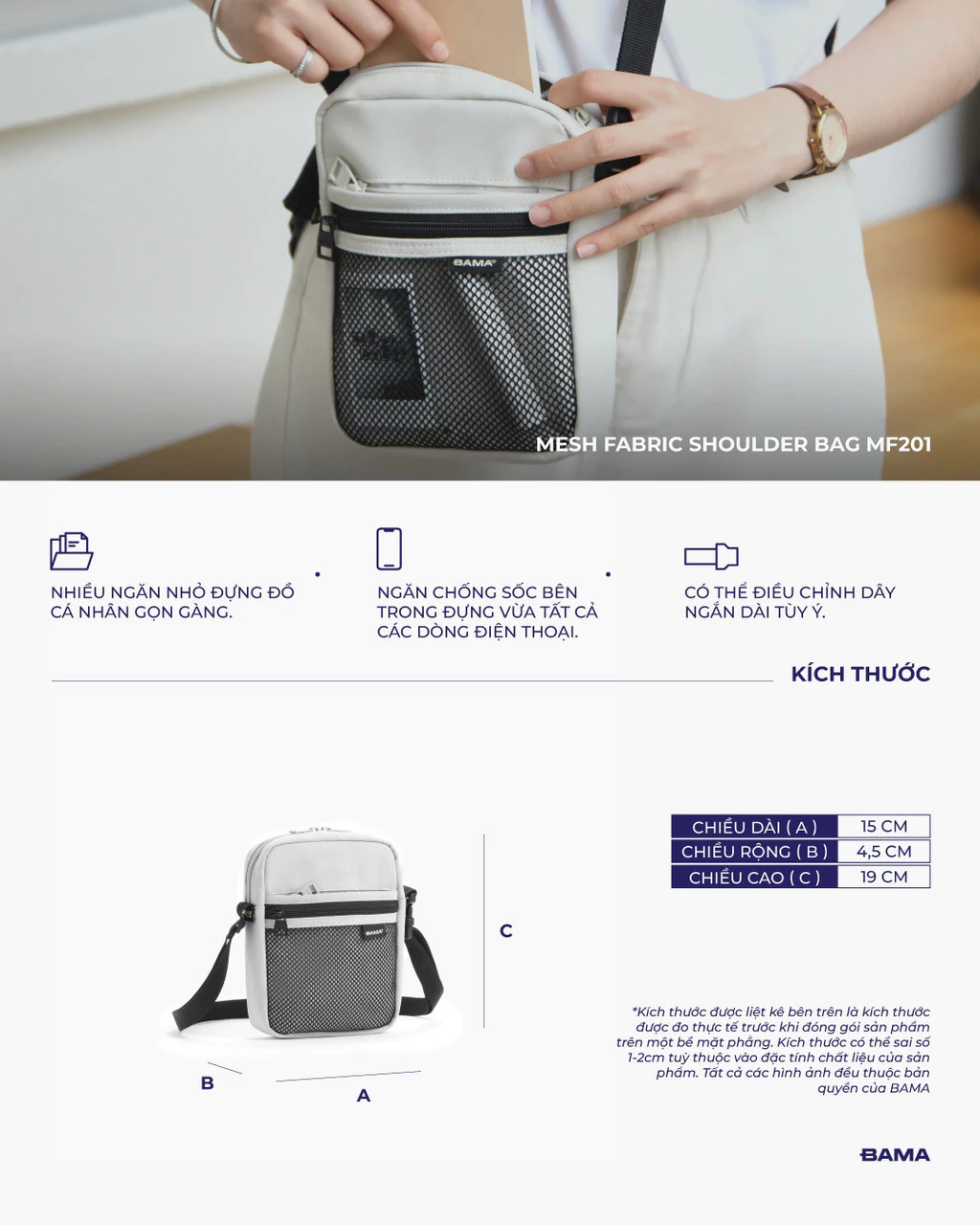 Túi đeo chéo mini nam nữ BAMA Mesh Fabric Shoulder Bag MF201 chống nước nhiều ngăn vải canvas đi chơi cafe