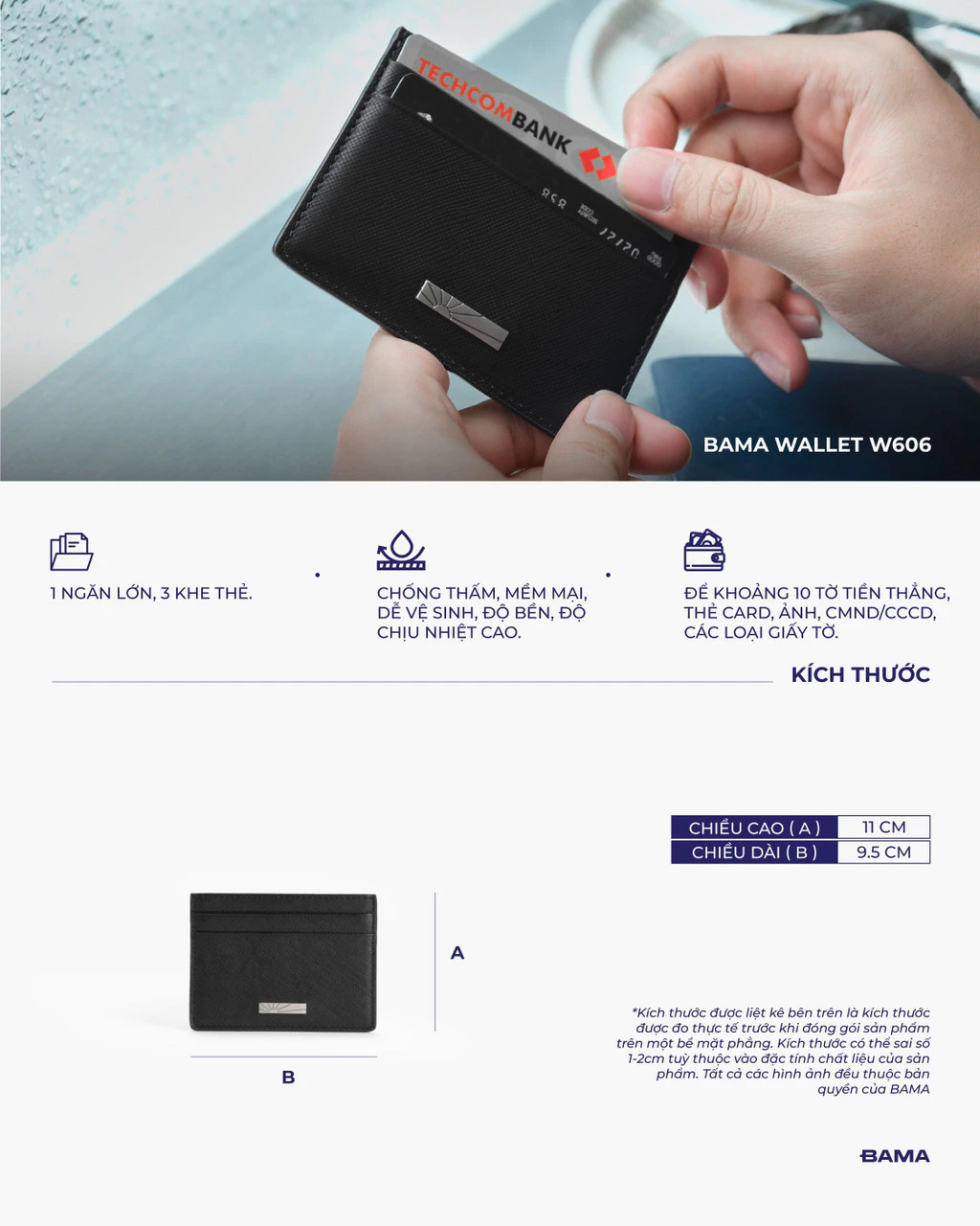 Ví nam nữ da bò BAMA Wallet W606 nhiều ngăn dáng ngang siêu mỏng gọn nhẹ chất liệu da saffiano chống xước