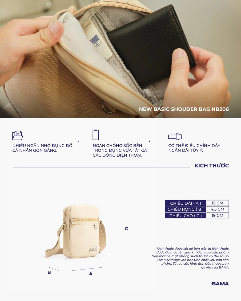 Túi đeo chéo mini nam nữ BAMA New Basic Shoulder Bag NB206 chống nước nhiều ngăn vải canvas đi chơi đi cafe