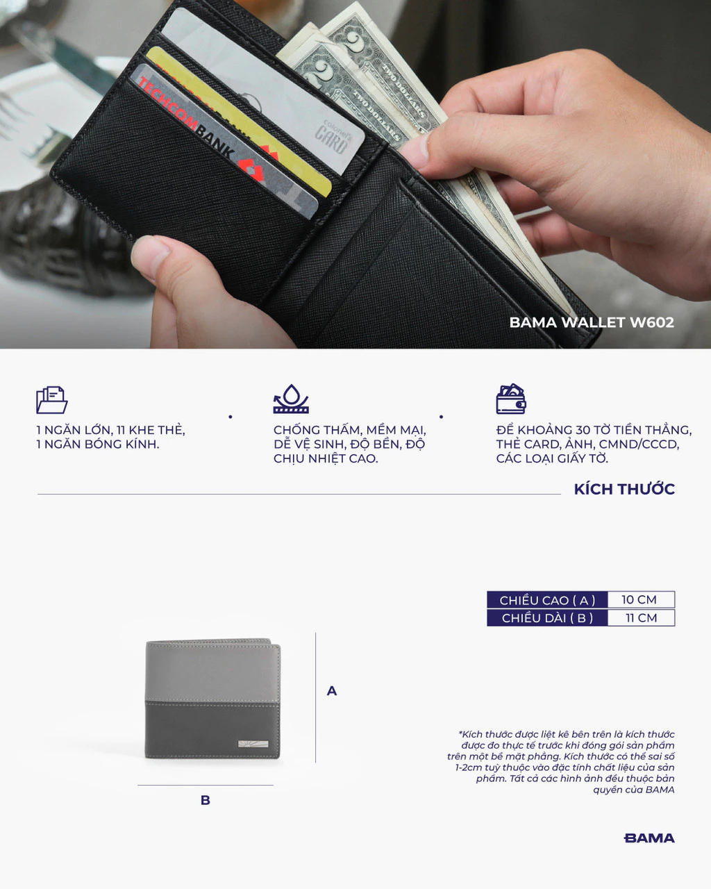 Ví nam nữ da bò BAMA Wallet W602 nhiều ngăn dáng ngang siêu mỏng gọn nhẹ chất liệu da saffiano chống xước