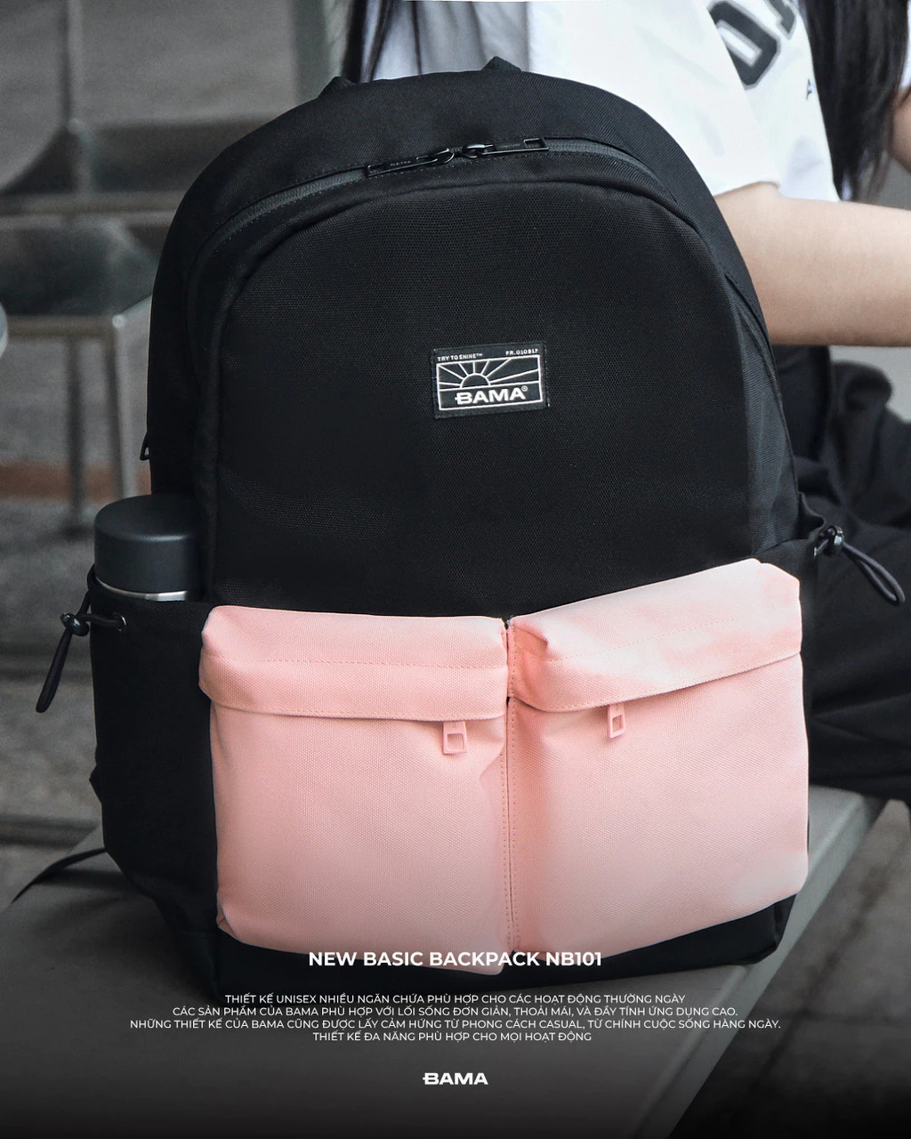 Balo nam nữ đi học BAMA New Basic Backpack NB101 chống nước nhiều ngăn cặp đựng laptop 15.6 inch