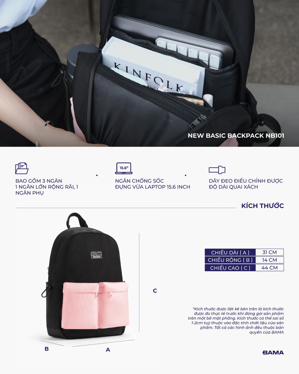 Balo nam nữ đi học BAMA New Basic Backpack NB101 chống nước nhiều ngăn cặp đựng laptop 15.6 inch