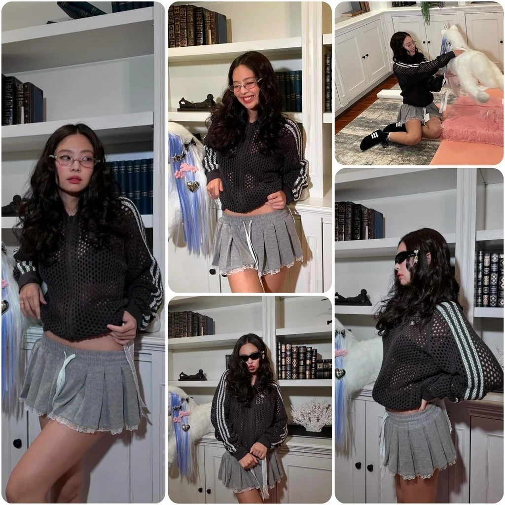 LSOUL Set Jennie Áo Hoodie Croptop Xám Phối Ren + Chân Váy Miniskirt Xếp Ly Calos - B24031396