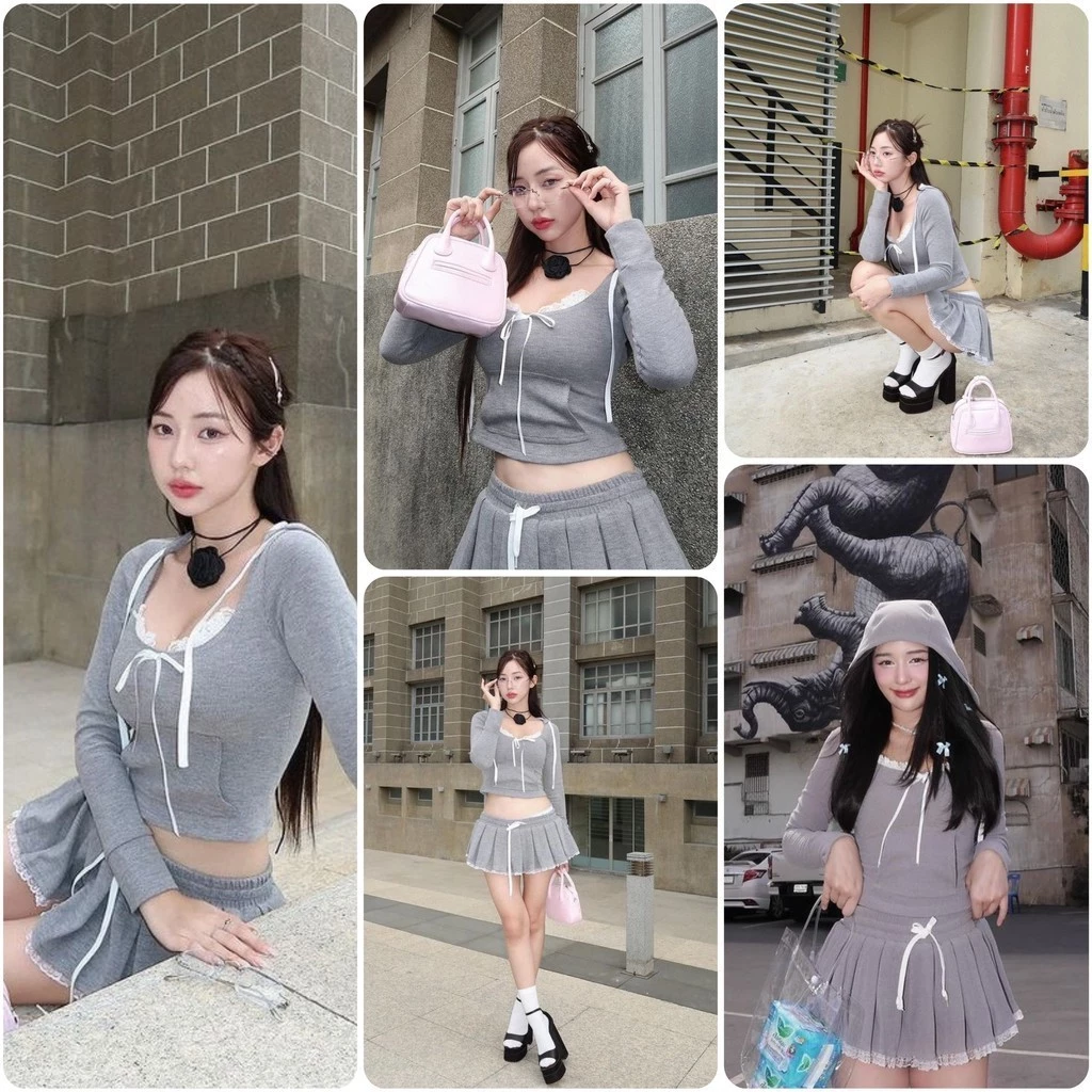 LSOUL Set Jennie Áo Hoodie Croptop Xám Phối Ren + Chân Váy Miniskirt Xếp Ly Calos - B24031396