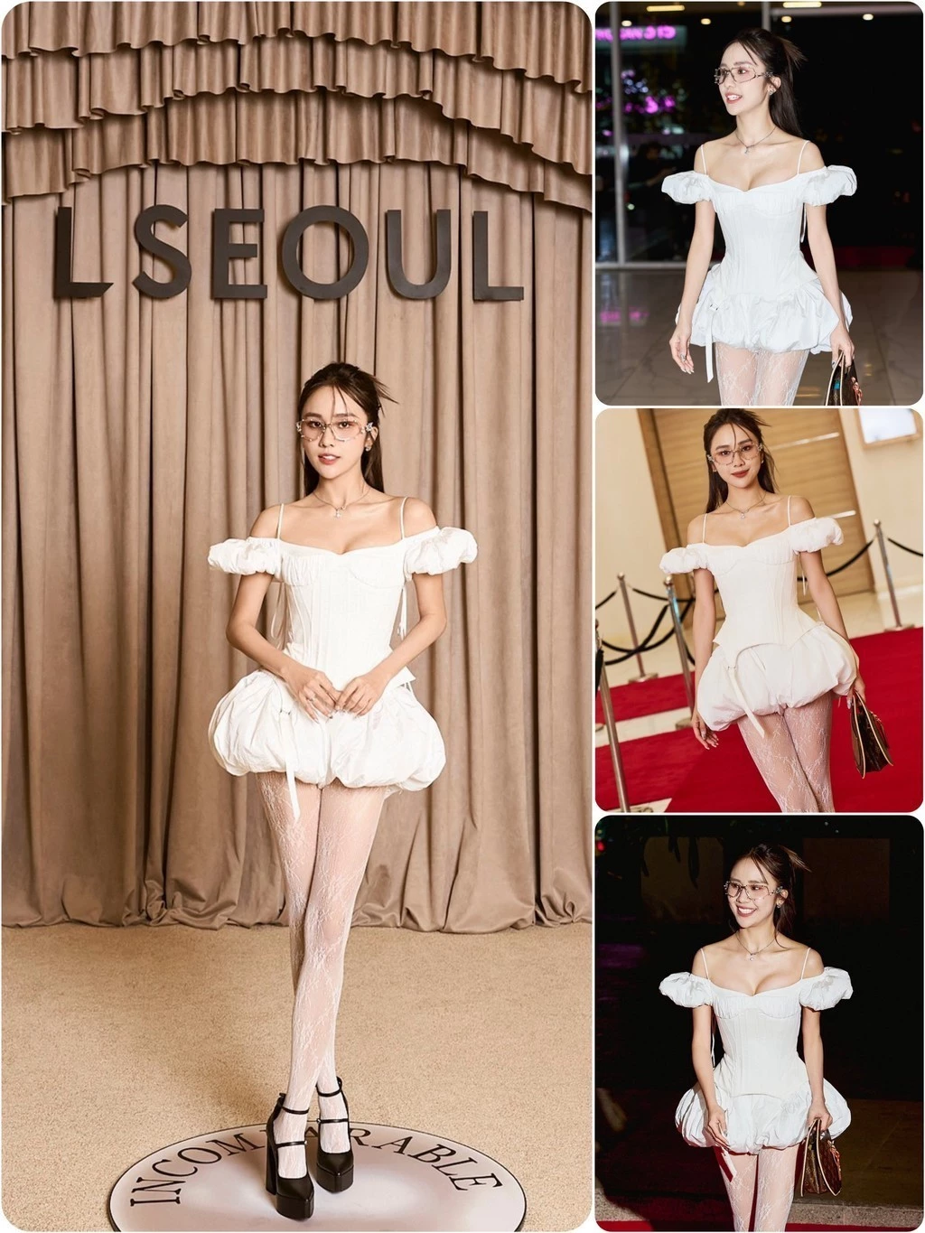 LSOUL Doux Fou Set Áo Corset Trễ Vai Tay Bồng + Chân Váy Trắng Bí Phồng A25032810 CV25030720