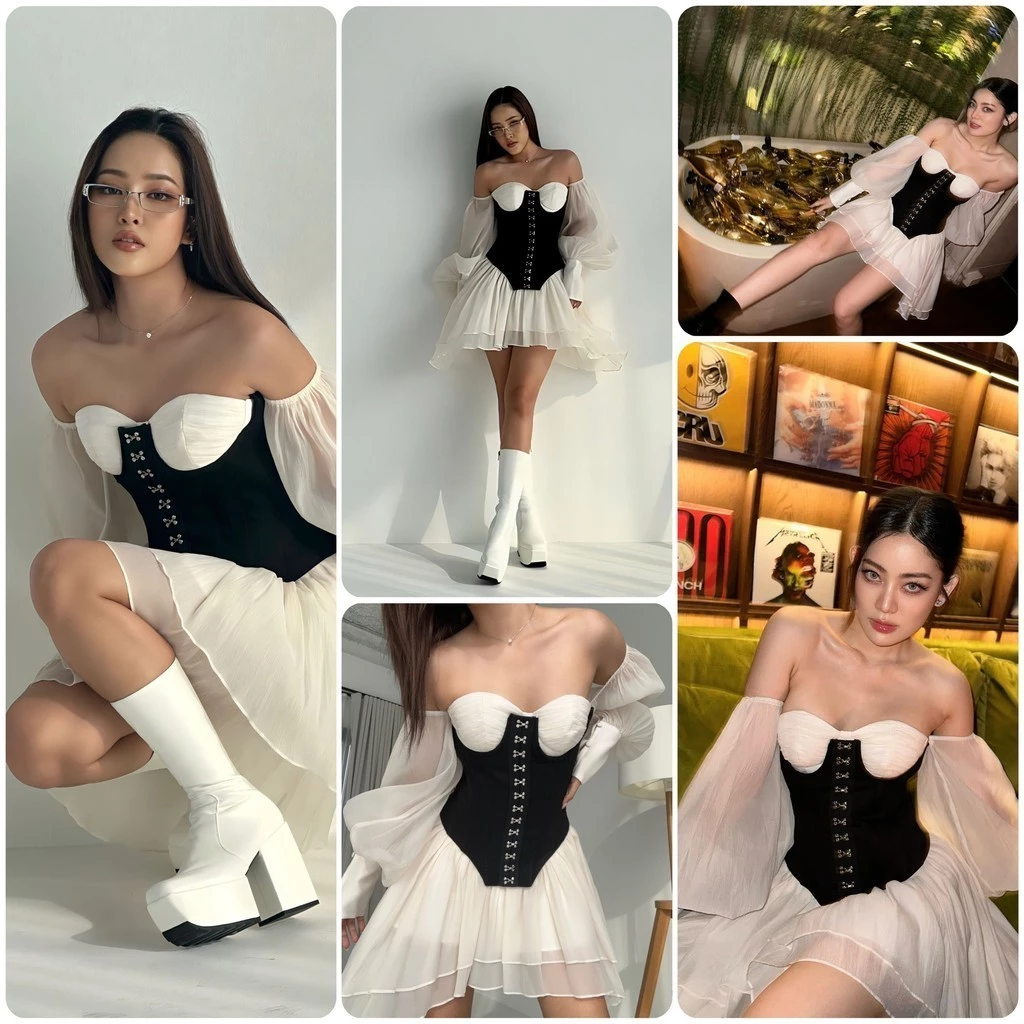 LSOUL Đầm Bẹt Vai Tay Bồng + Đai Corset Đan Dây Sang Trọng Đi Tiệc Limerence Set V23081569 A23082727